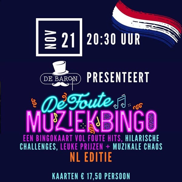 Foute MuziekBingo 21 november 20:30 uur De Baron Leidsche Rijn