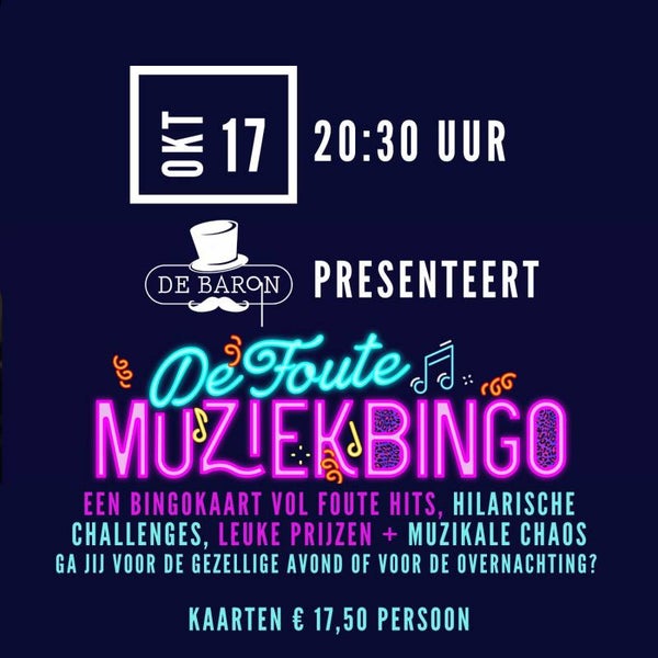 Foute MuziekBingo 17 oktober 20:30 uur De Baron Leidsche Rijn | NL EDITIE