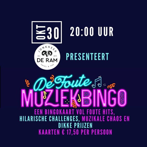 Foute MuziekBingo 30 oktober 20:00 uur Jonkheer de Ram Schalkwijk