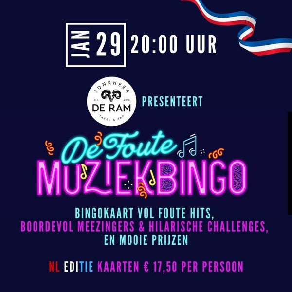 Foute MuziekBingo 29 januari 20:00 uur NL Editie Jonkheer de Ram Schalkwijk
