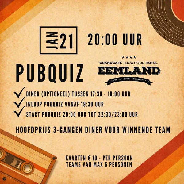 Pubquiz 21 januari 20:00 uur Grandcafe Eemland