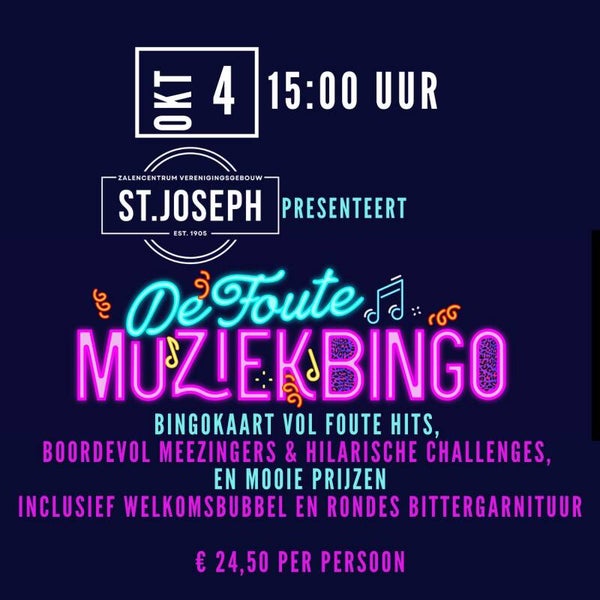 Foute MuziekBingo 4 oktober 15:00 uur Sint Joseph Montfoort