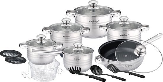Cheffinger Pannenset - 18-delig - Zilver - RVS - Kookpannen