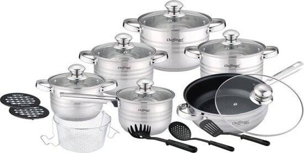 Cheffinger Pannenset - 18-delig - Zilver - RVS - Kookpannen