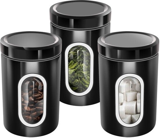 Cheffinger, Set 3 Stapelbare Dozen voor Koffie Suiker Transparant Venster Luchtdicht, Zwart