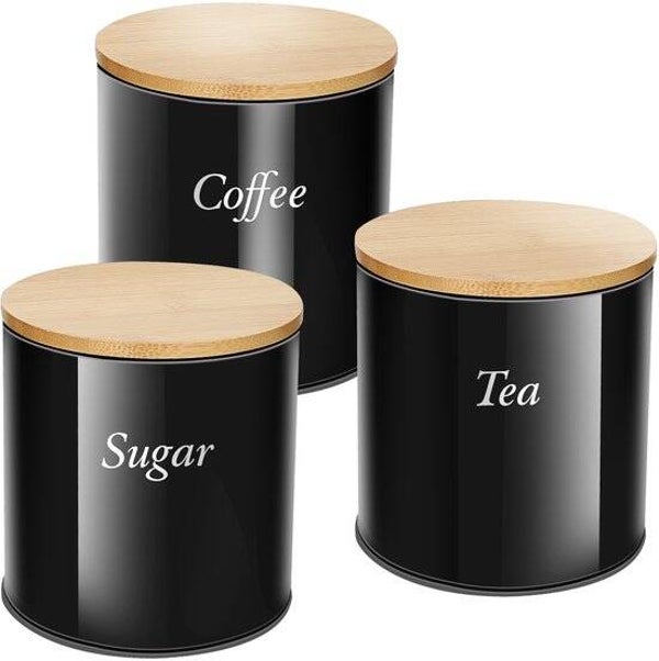 Cheffinger, Set 3 RVS dozen met bamboe deksel voor koffie, suiker en thee, Zwart / Bruin