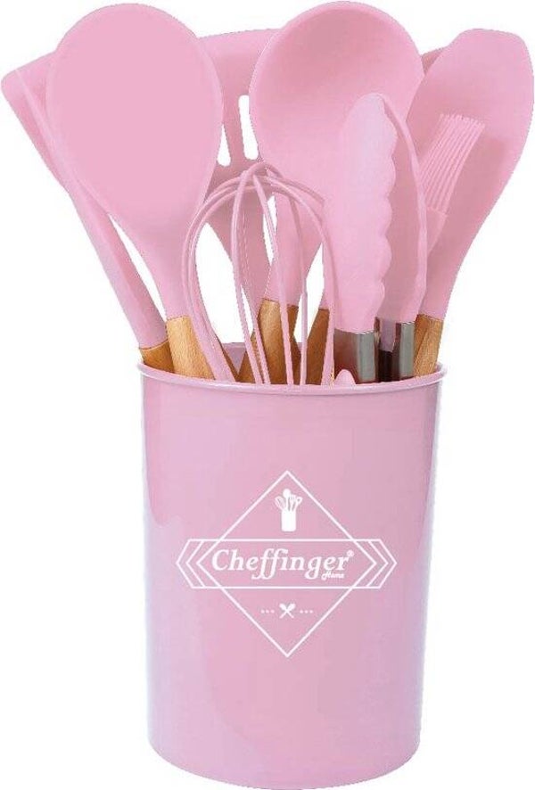 Cheffinger Kookgerei set 12-delig met Houder - Roze - Keukengerei Set