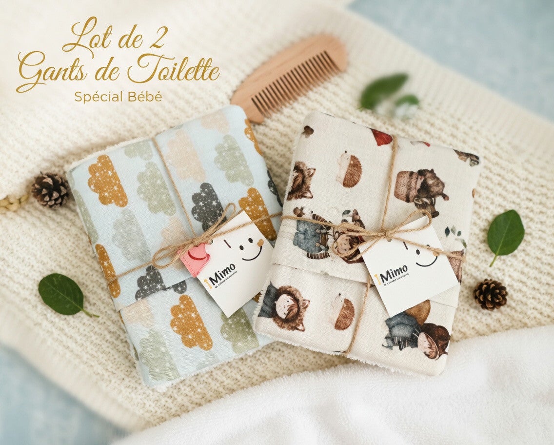 Lot de 2 Gants de toilettes bébé - Forêt Enchantée✨& Bébé Céleste☁️