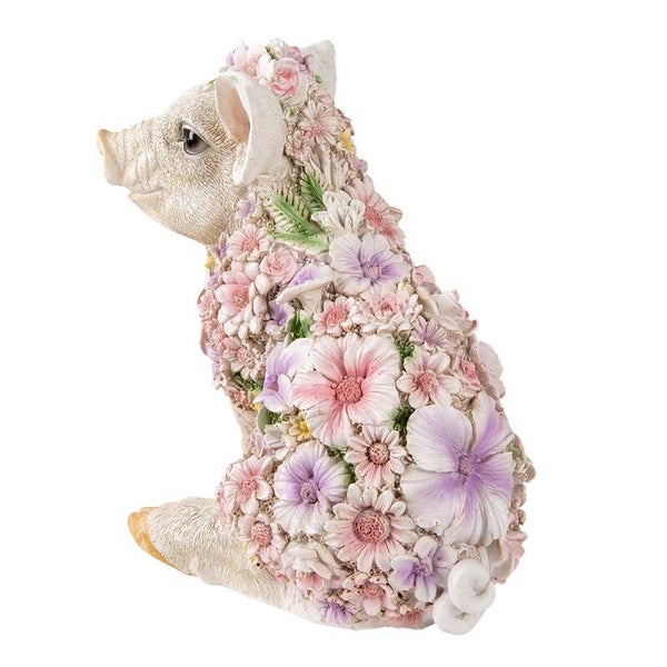 C&E Decoratie Beeld Varken Romantic Flowers Wit-Roze