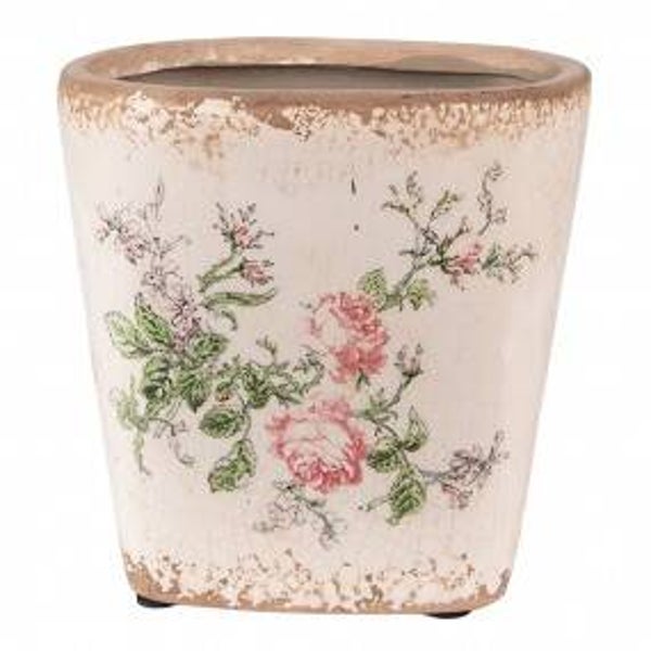C&E Bloempot Roze met bloemen - Beige keramiek hoekig
