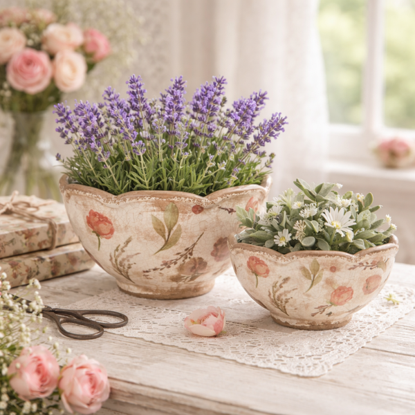 C&E Bloempotten met bloemen golvende rand 21x12cm en 16x9cm beige roze keramiek