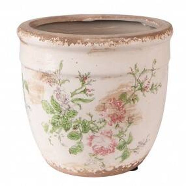 C&E Bloempot Roze met bloemen - Beige keramiek rond