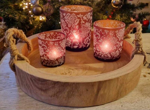C&E Theelichthouder Set van 3 Bruinrood Wit met bloemendesign Glas Waxinelichthouder