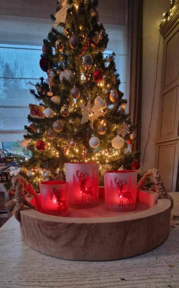 C&E Theelichthouder Set van 3 Wit Rood Glas Waxinelichthouder met hertjes