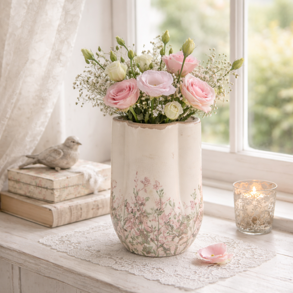 C&E Vaas beige groen met bloemen - keramiek 16x24