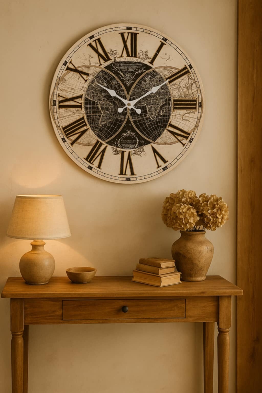 C&E Wandklok Ø 34 cm Lichtbruin Wit MDF Wereldkaart Muurklok Vintage