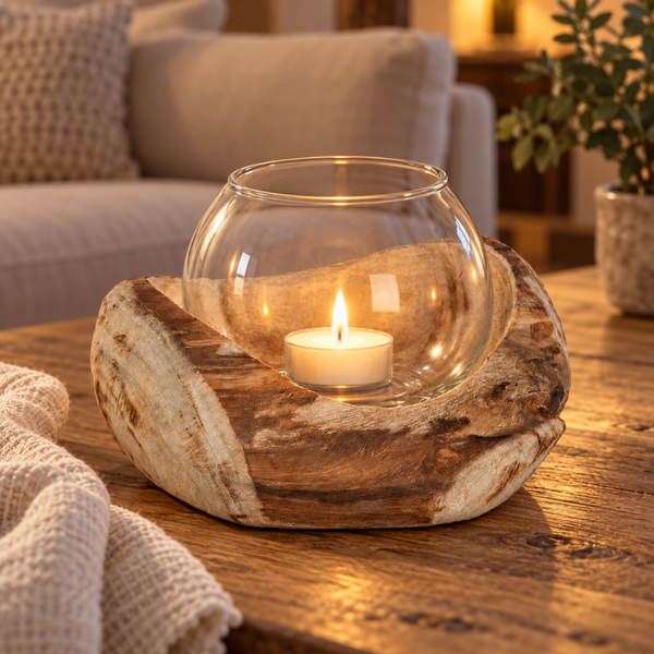 GI Windlicht Davao – houten kaarsenhouder met glas – By Gilde