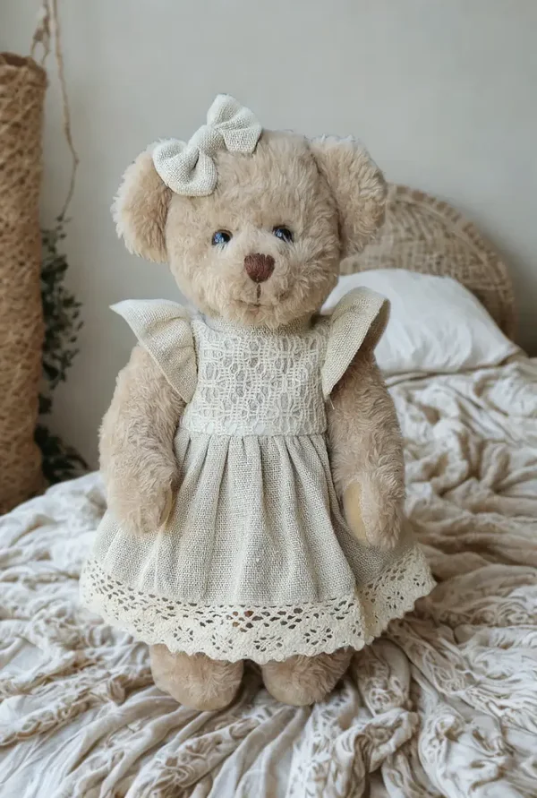 LG Meisjesbeer met romantisch beige kleedje 25 cm handgemaakt