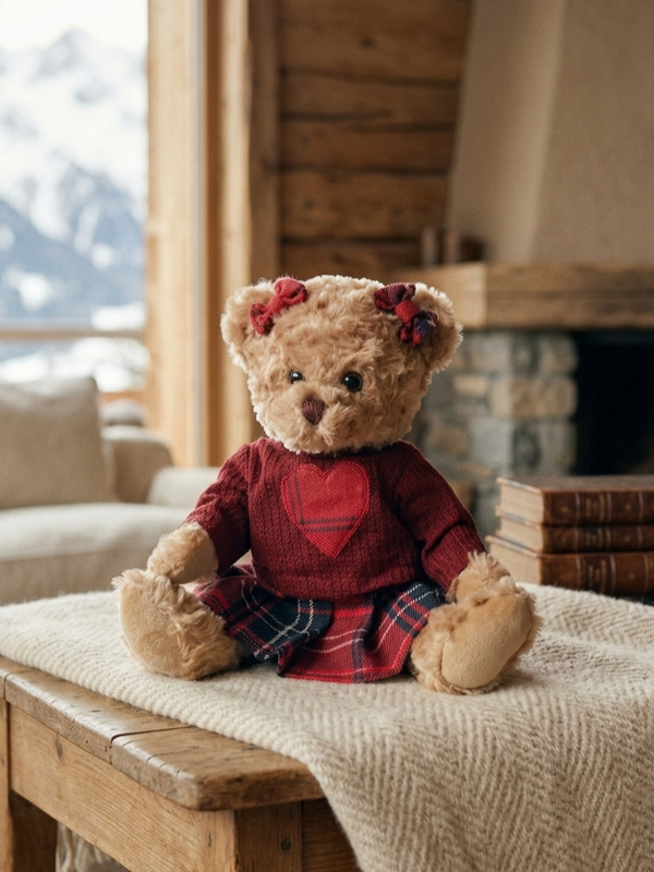 LG Meisjesbeer in winteroutfit met strikjes – Bordeaux – 30 cm 🧸❤️