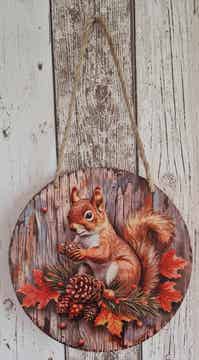 RK Herfst houten bord - Eekhoorn met dennenappel - Vintage
