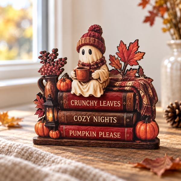 RK Houten Halloween-spookje op boeken – 15 × 14,5 cm
