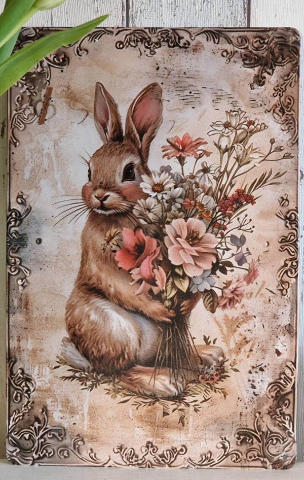 RK Pasen Metalen bord met konijn met bloemen