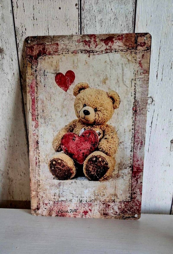 RK Valentijn - Metalen vintage bord "Teddybeer met hart"