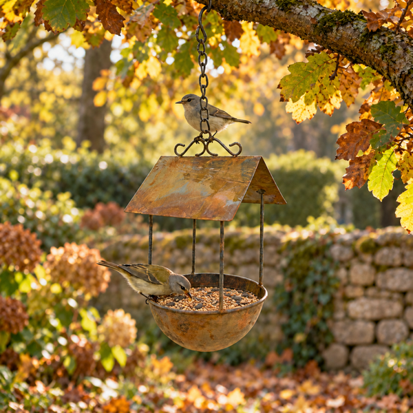 RK Hangende vogelvoederbak of drinkbak met luifel – Roestkleur – 12 × 41 cm