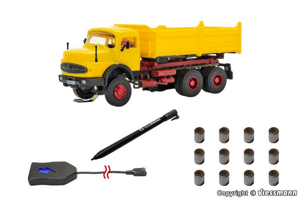 VM H0 CarMotion startset, MB ronde motorkap 3-assige kiepwagen, geel