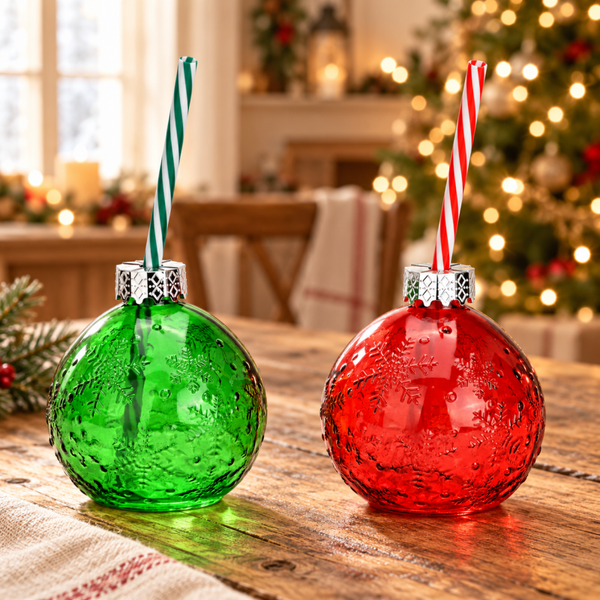 Drinkglas in kerstbalvorm met rietje – rood of groen