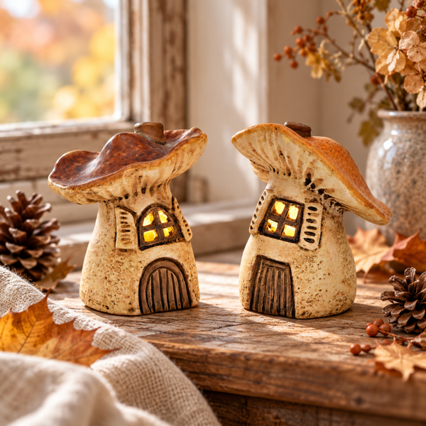 WU Paddenstoelenhuisjes van steen met LED-verlichting – Set van 2