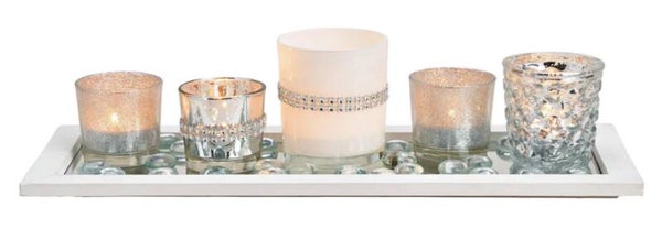 WU Sfeerlichtjes set op hout met glazen decor kralen, zilver