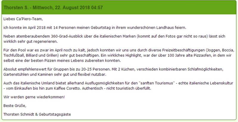 Eintrag ins Gästebuch von Ca Piero, dem Ferienhaus zwischen Toskana, Umbrien und Adria