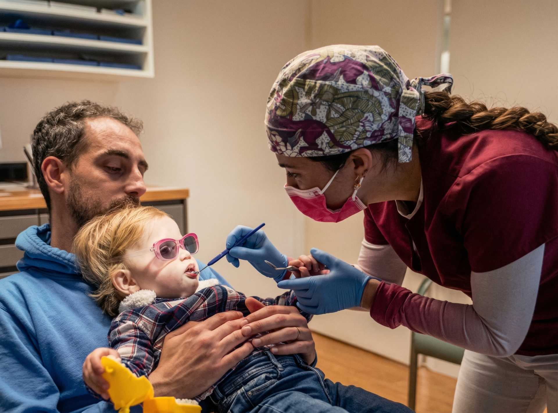Dentiste pédiatrique effectuant un bilan bucco-dentaire chez un enfant dans les bras de son papa