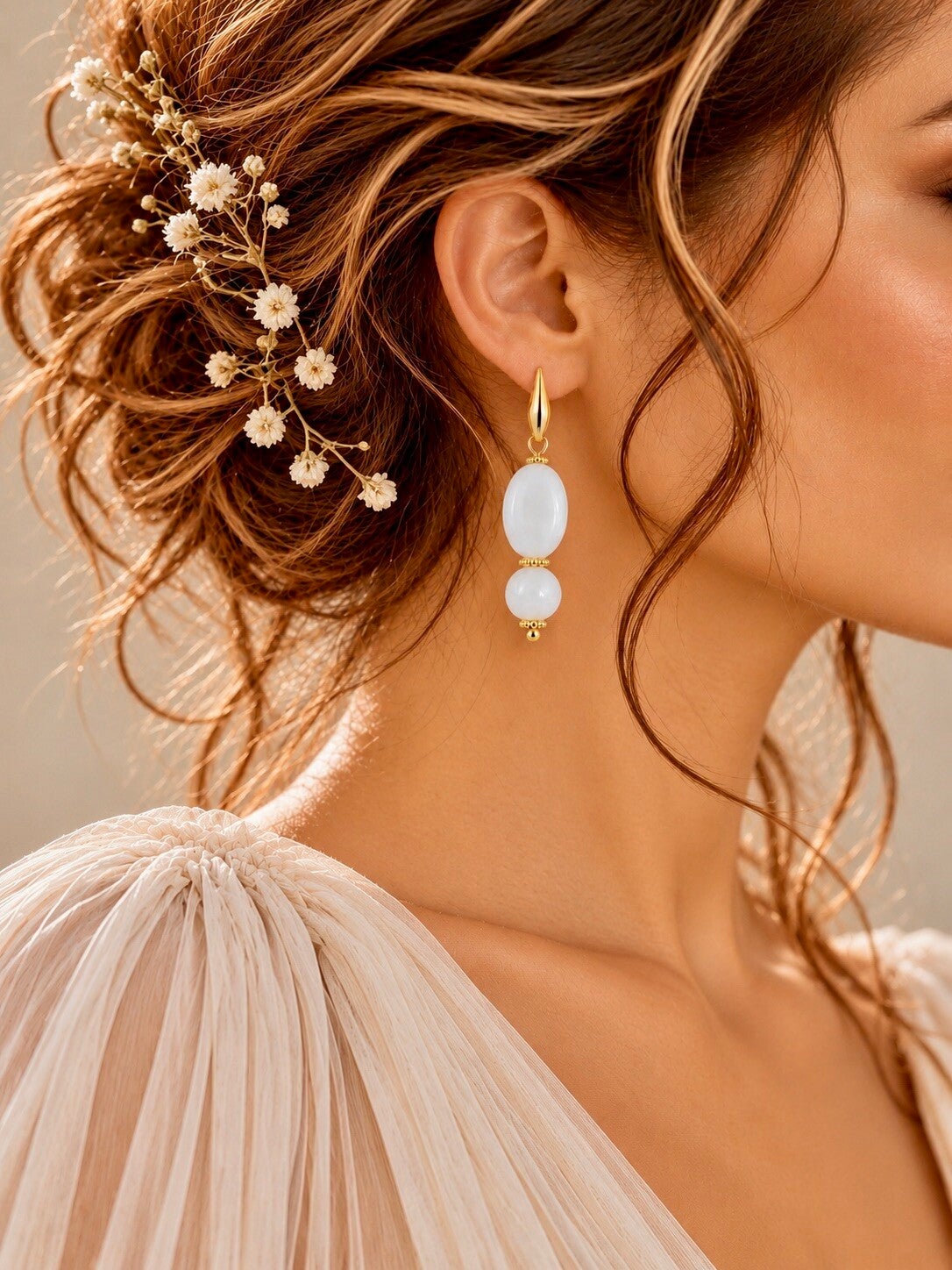 Boucles d'oreilles mariage pendantes duo perles blanches - ECLAT DISCRET