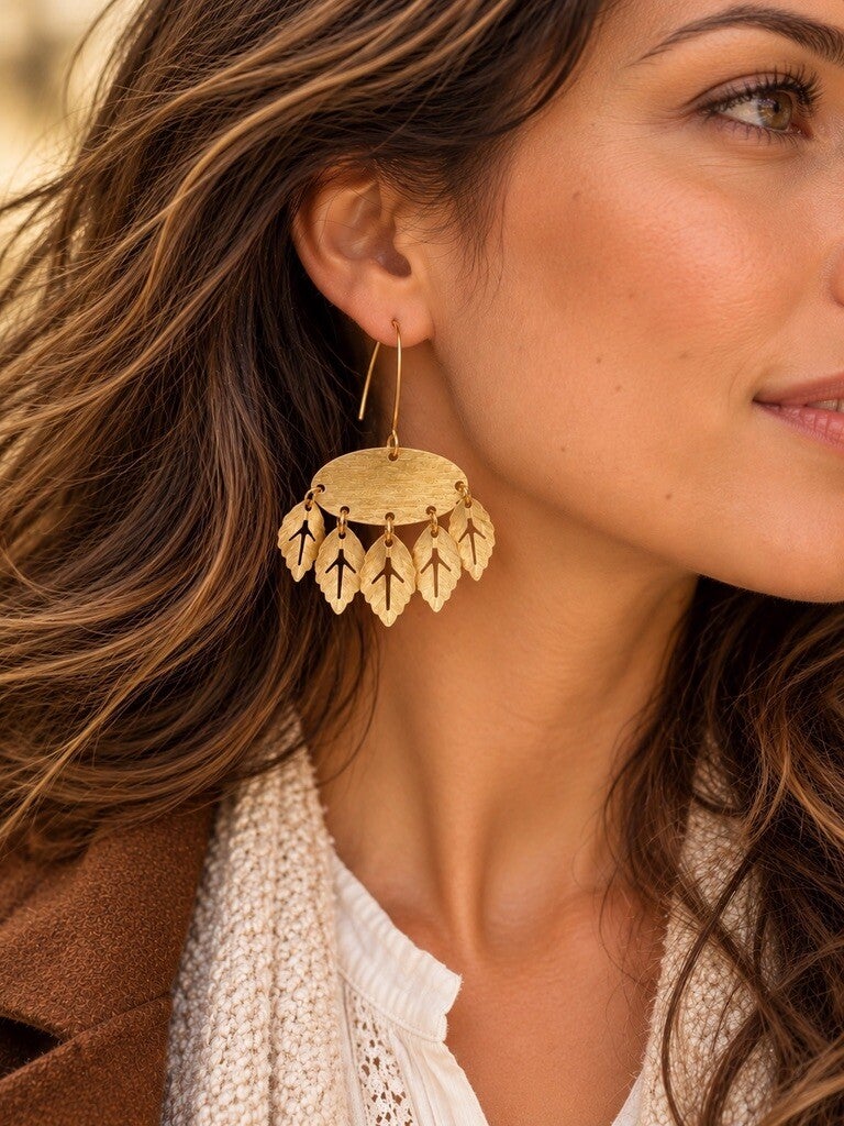 Boucles d'oreilles bohème chic avec pampilles mobilles Jaci en laiton doré brossé IslaBra.