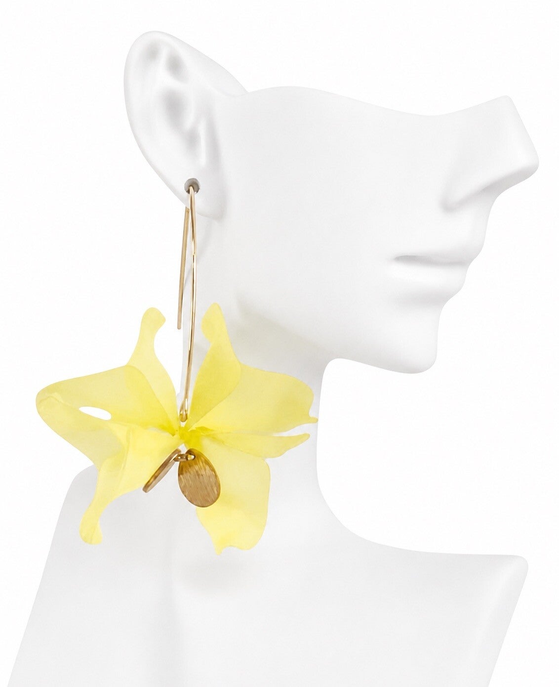 boucles d’oreilles fleur acrylique jaune laiton doré IslaBra design organique 6,5cm bohème