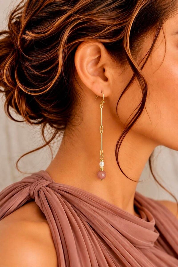 Boucles d'Oreilles Longues en Perles et Pierres Naturelles - SOLEIL