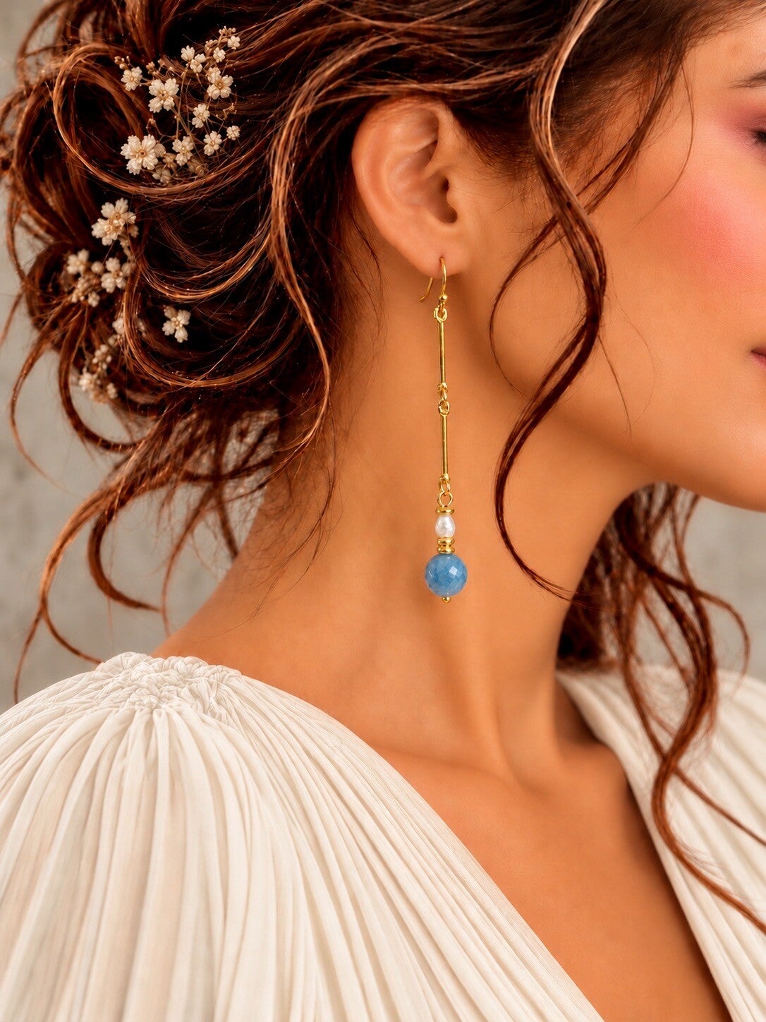 Longues Boucles d'Oreilles Perle et Pierre Bleue - NAMSAN