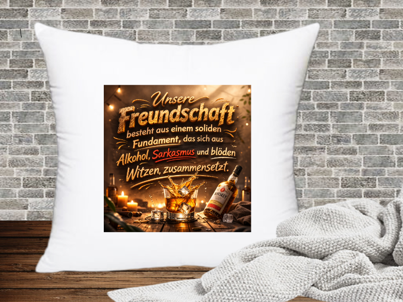 Unsere Freundschaft besteht aus einem soliden Fundament, das sich aus Alkohol, Sarkasmus und blöden Witzen, zusammensetzt. - Kissenhülle Whiskey