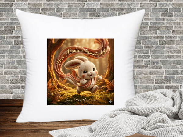 Deine Abenteuer beginnt jetzt! Die Welt wartet auf dich. - Kissenhülle Hase