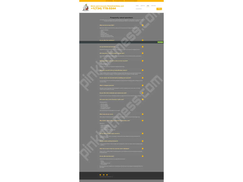 Brick &amp; Concrete Construction, LLC Website (fully customized) FAQs page