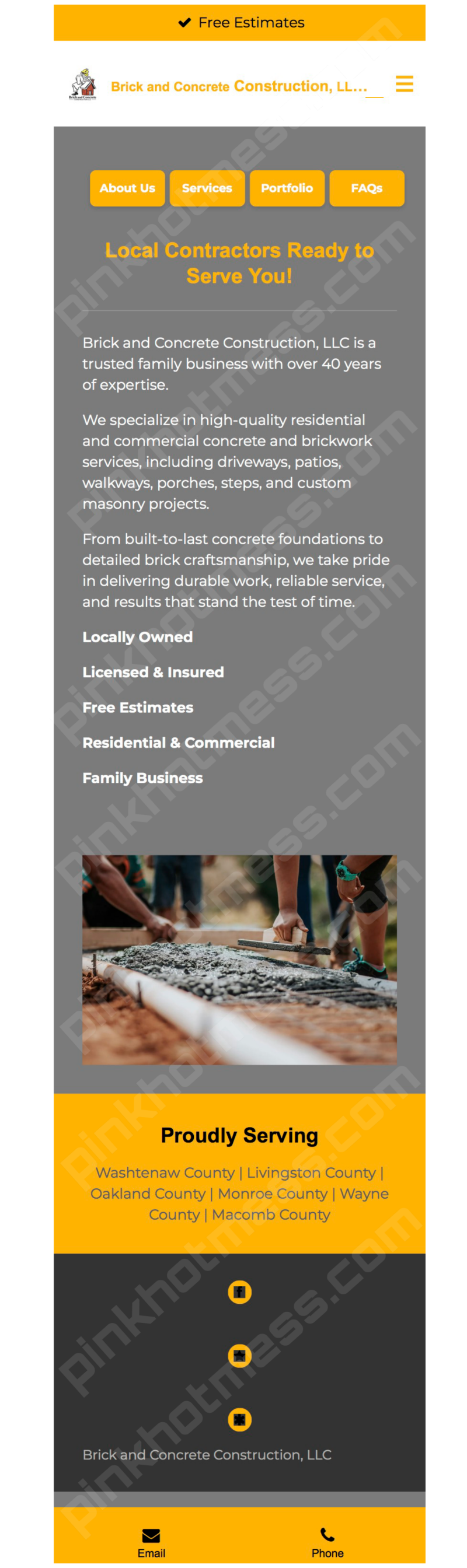 Brick &amp; Concrete Construction, LLC Website - Mobile Integration (Contact buttons + ease of menu access at top of phone screens custom html)