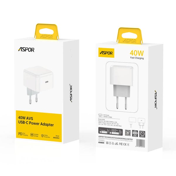 Adaptateur Secteur USB-C ASPOR 40W (Modèle A838EU) – Charge Rapide PD & AVS