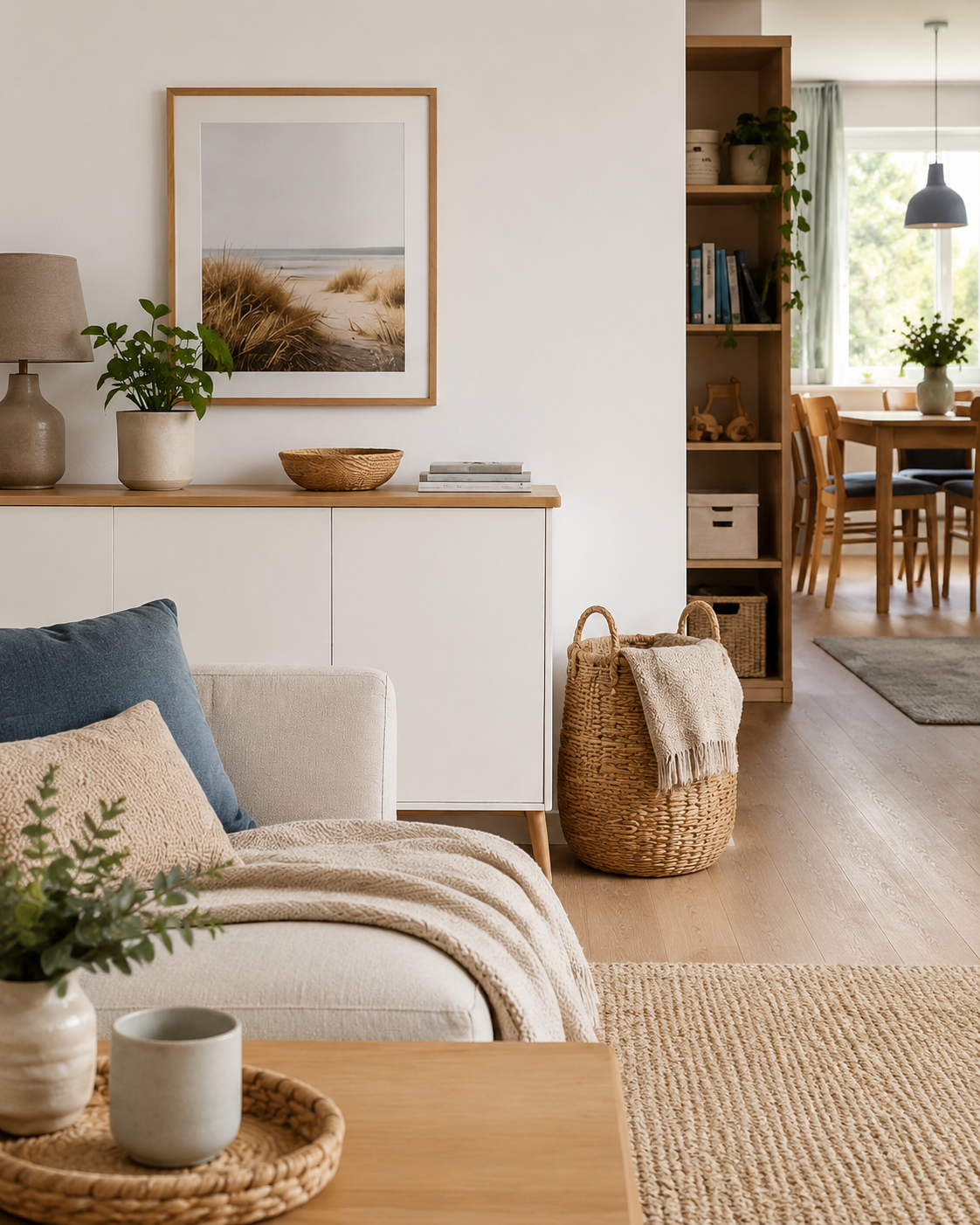 Ruhiges und aufgeräumtes Wohnzimmer mit praktischen Ordnungslösungen