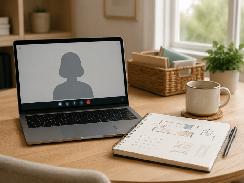 Laptop und Ordnungsplan für ein persönliches Online-Ordnungscoaching.
