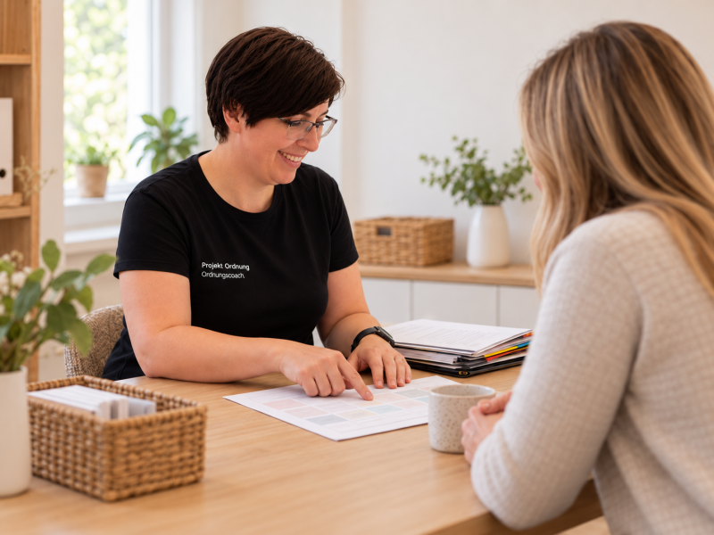 Ordnungscoach Sharon Breuer erklärt einer Kundin die persönliche Planung ihres Ordnungsprojekts.