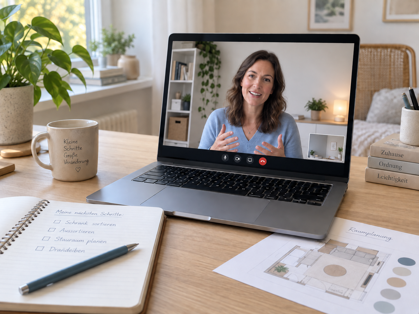 Online-Ordnungscoaching per Videocall mit persönlicher Planung und Checkliste.