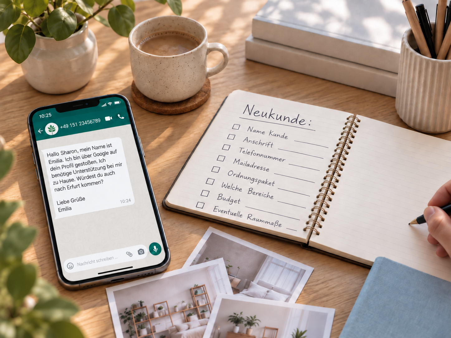 WhatsApp-Anfrage für ein Ordnungscoaching mit vorbereiteter Neukundenliste