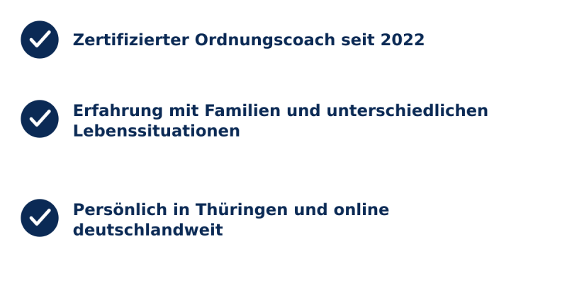 Drei Vertrauenspunkte: zertifizierter Ordnungscoach seit 2022, Erfahrung mit Familien und persönliche Unterstützung in Thüringen sowie online deutschlandweit.
